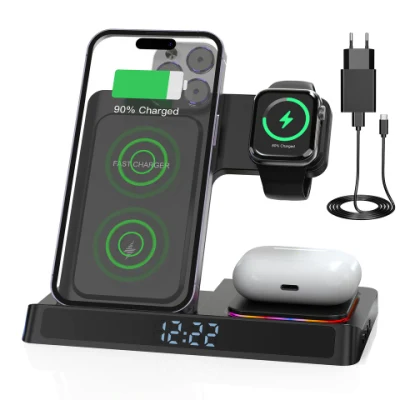 FCC Qi Digital Wecker 4 in 1 Apple Wireless Charger Stand Ladestation mit LED für iPhone/iWatch/Airpods