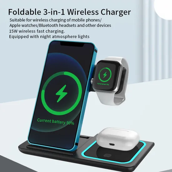 Schneller 15-W-Ladeständer für kabelloses Qi-3-in-1-Handy mit faltbarem Qi-Ladegerät